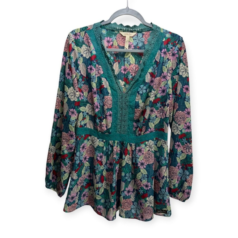 Matilda Jane Kookaburra Floral Blouse Crochet V Neck Cottagecore Peasant Top L